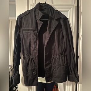 ALL SAINTS London Black Jean Denim Utility Cinched Waist Trench Jacket Top M